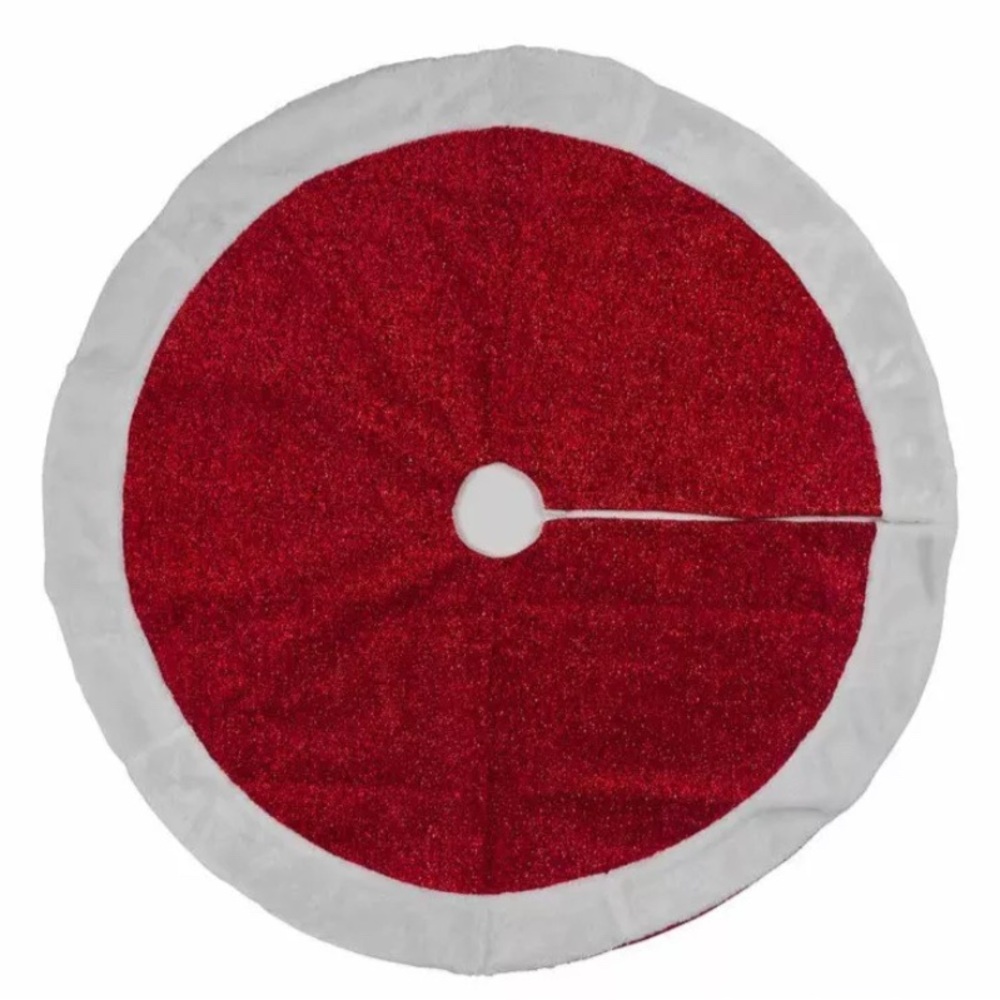 Christmas Holiday Tree Skirt Shiny Tinsel Red White Faux Fur Trim 20" NEW